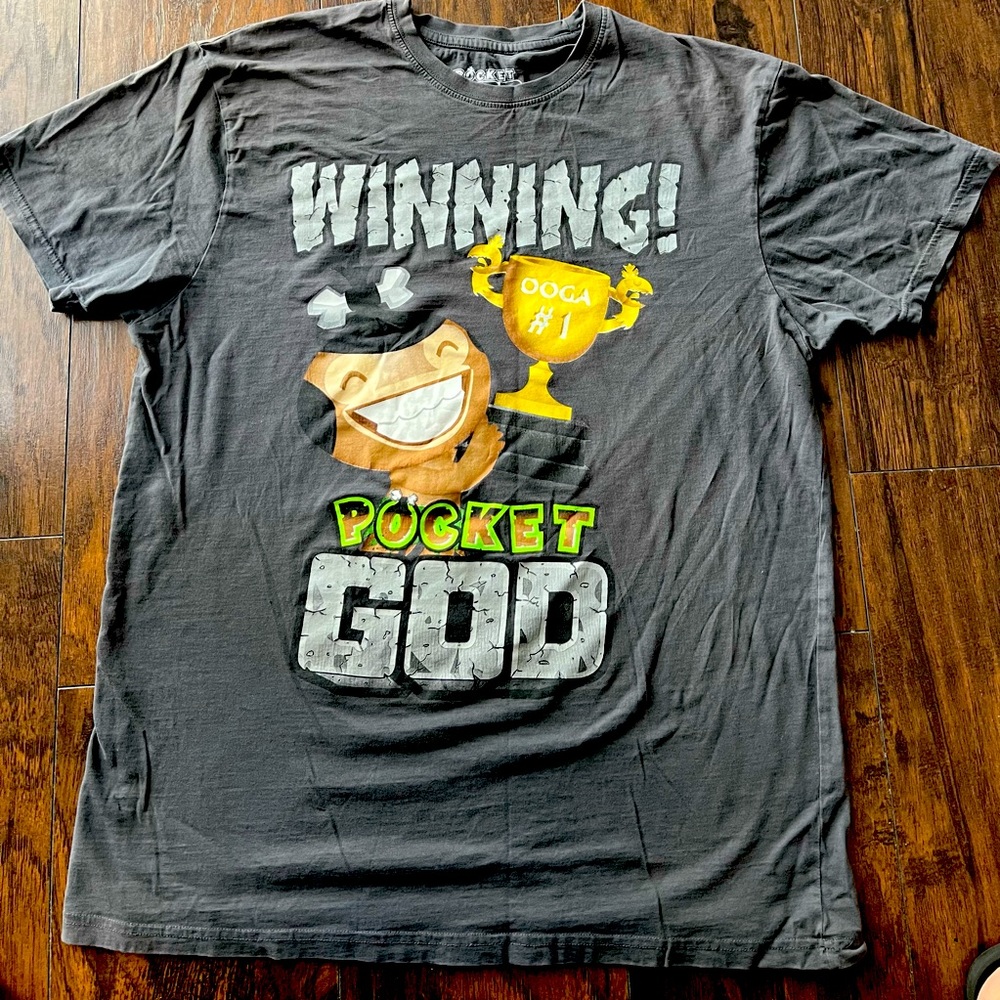 Large size dark gray man’s short sleeve shirt with “Winning! Pocket God” print